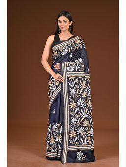 Ramshyam Collection - Womens Kantha Silk Embroidered Navy Blue Saree with Unstitched Blouse