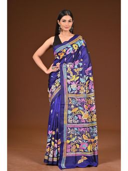 Ramshyam Collection - Womens Kantha Silk Embroidered Thread Work Blue Saree with Unstitched Blouse