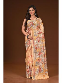Ramshyam Collection - Womens Kantha Silk Embroidered Thread Work Beige Saree with Unstitched Blouse