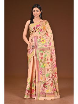 Ramshyam Collection - Womens Kantha Silk Embroidered Thread Work Peach Saree with Unstitched Blouse