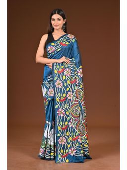 Ramshyam Collection - Womens Kantha Silk Embroidered Thread Work Blue Saree with Unstitched Blouse
