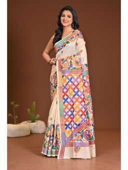 Ramshyam Collection - Womens Silk Embroidered Thread Work Beige Saree with Unstitched Blouse