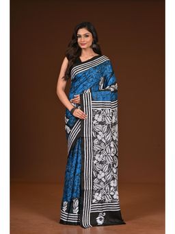 Ramshyam Collection - Womens Kantha Silk Printed Thread Work Blue Saree with Unstitched Blouse