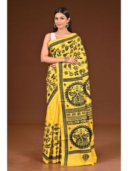 Ramshyam Collection - Womens Kantha Silk Printed Yellow Saree with Unstitched Blouse