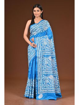 Ramshyam Collection - Womens Kantha Silk Embroidered Thread Work Blue Saree with Unstitched Blouse