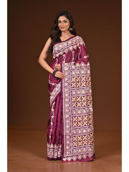 Ramshyam Collection - Womens Kantha Silk Embroidered Thread Work Purple Saree with Unstitched Blouse