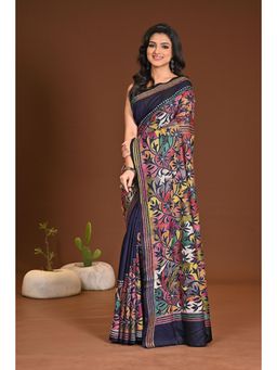 Ramshyam Collection - Womens Silk Floral Navy Blue Saree with Unstitched Blouse