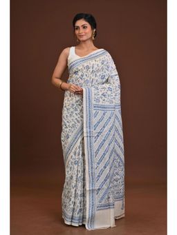 Ramshyam Collection - Womens Kantha Silk Embroidered Thread Work White Saree with Unstitched Blouse