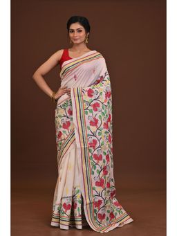 Ramshyam Collection - Womens Kantha Silk Embroidered Thread Work Beige Saree with Unstitched Blouse