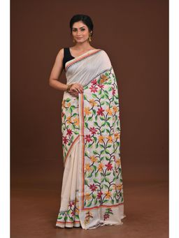 Ramshyam Collection - Womens Kantha Silk Embroidered Thread Work Beige Saree with Unstitched Blouse