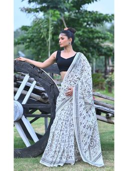 Ramshyam Collection - Womens Kantha Silk Embroidered Thread Work White Saree with Unstitched Blouse
