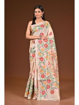 Ramshyam Collection - Womens Kantha Silk Embroidered Thread Work Beige Saree with Unstitched Blouse