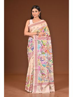 Ramshyam Collection - Womens Kantha Silk Embroidered Thread Work Beige Saree with Unstitched Blouse