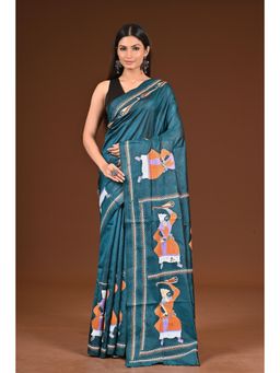 Ramshyam Collection - Womens Kantha Silk Embroidered Thread Work Teal Saree with Unstitched Blouse
