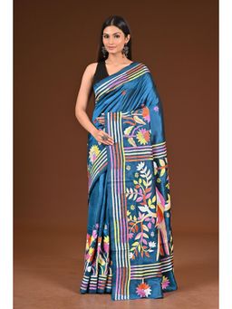 Ramshyam Collection - Womens Kantha Silk Printed Blue Saree with Unstitched Blouse