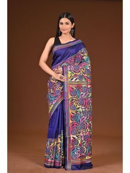 Ramshyam Collection - Womens Kantha Silk Embroidered Thread Work Blue Saree with Unstitched Blouse