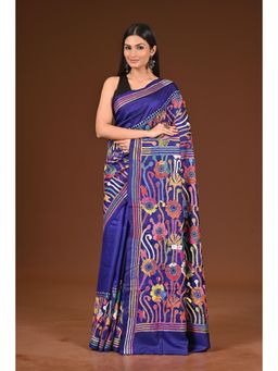 Ramshyam Collection - Womens Kantha Silk Embroidered Thread Work Blue Saree with Unstitched Blouse