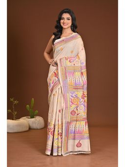 Ramshyam Collection - Womens Silk Embroidered Thread Work Beige Saree with Unstitched Blouse