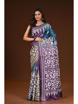 Ramshyam Collection - Womens Kantha Silk Embroidered Thread Work Purple Saree with Unstitched Blouse