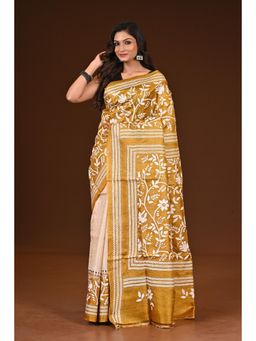 Ramshyam Collection - Womens Kantha Silk Embroidered Thread Work Mustard Saree with Unstitched Blouse