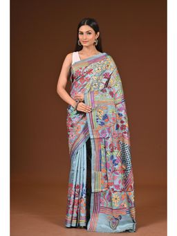 Ramshyam Collection - Womens Kantha Silk Embroidered Thread Work Blue Saree with Unstitched Blouse