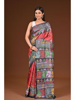 Ramshyam Collection - Womens Kantha Silk Embroidered Thread Work Red Saree with Unstitched Blouse