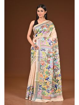 Ramshyam Collection - Womens Kantha Silk Embroidered Thread Work Beige Saree with Unstitched Blouse