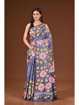 Ramshyam Collection - Womens Kantha Silk Embroidered Thread Work Grey Saree with Unstitched Blouse
