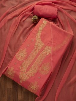 Koskii - Pink Zariwork Semi Crepe Unstitched Salwar Suit (Set of Three)