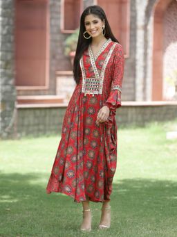 Juniper - Women Pink Silk Printed Flared Dress