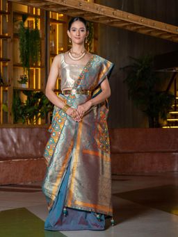 Beatitude - Orange Blue Woven Design Silk Blend Saree with Unstitched Blouse