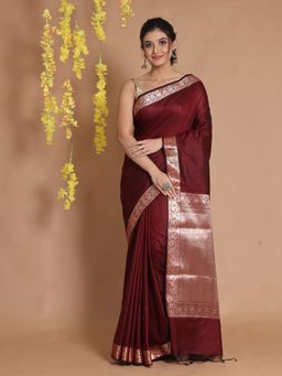 CHARUKRITI - Garnet Red Silk Zari Floral & Chevron Pallu Handwoven Saree with Unstitched Blouse