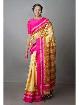 Unnati Silks - Cream Pure Handloom Chanderi Sico Saree with Unstitched Blouse