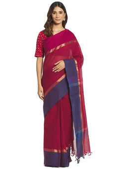 Fabindia - Magenta Colorblock Cotton Saree