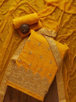 Koskii - Mustard Zariwork Semi Crepe Unstitched Salwar Suit (Set of Three)