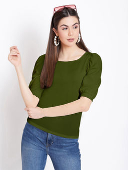 Uptownie - Womens Stretchable Polyester Green Solid Square Neck Top