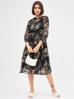 Kibo - Womens Chiffon Black Colored Floral 2-Tiered Midi Dress