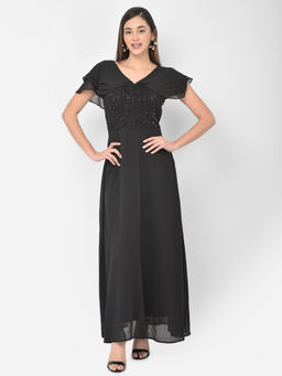 Latin Quarters - Black Sequin Half Sleeve Maxi Dress With Ruffles
