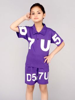 DDOUDDOU - Purple Casual Solid Plain Shorts with Polo T-Shirt