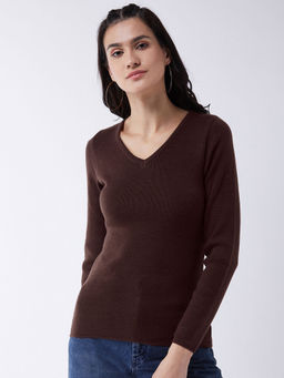 RVK - Women Coffee Brown Solid Pullover Sweater