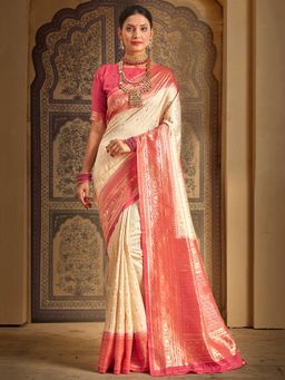 Akhilam - Womens Silk Blend Cream Woven Designer Saree with Unstitched Blouse