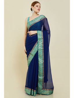 Soch - Women Navy Blue Chiffon Embroidered Saree with Unstitched Blouse
