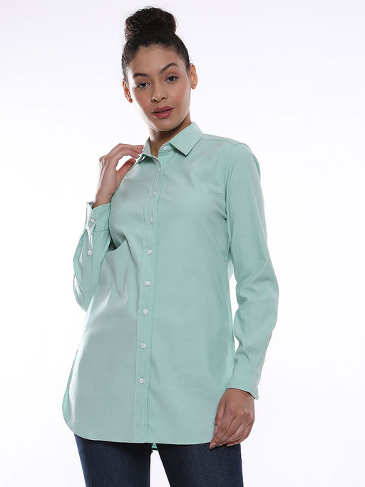 Buy Gazillion Women Anemone Mint Green Coloured Denim Longline Shirt Online