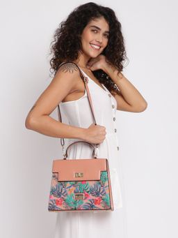 KLEIO - Floral Printed Pu Leather Top Handle Handbag for Women Girls - Peach