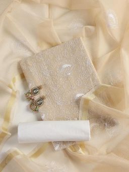 Swtantra - Kota Doria Inverted Flower Embroidered Unstitched Kurta with Bottom and Dupatta (Set of 3)