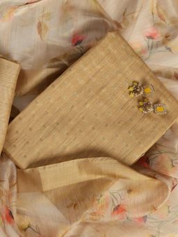 Swtantra - Gold Zari Butti Cotton Silk Unstitched Kurta with Printed Dupatta and Bottom (Set of 3)