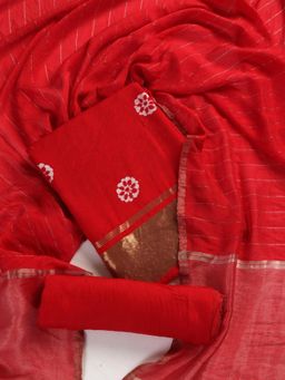 Swtantra - Red Gaji Silk Zari Unstitched Kurta with Dupatta and Bottom (Set of 3)
