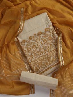 Swtantra - Mustard Jacquard Paisley Unstitched Kurta with Bottom and Dupatta (Set of 3)