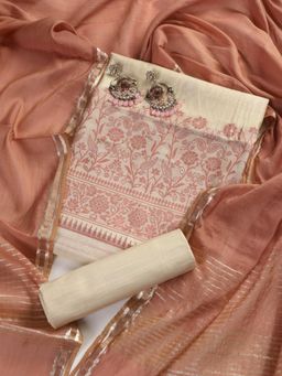Swtantra - Pink Jacquard Paisley Unstitched Kurta with Bottom and Dupatta (Set of 3)