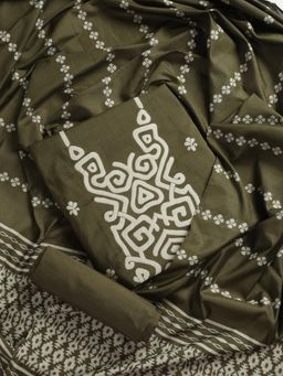 Swtantra - Olive Cotton Silk Jacquard Unstitched Kurta with Dupatta and Bottom (Set of 3)
